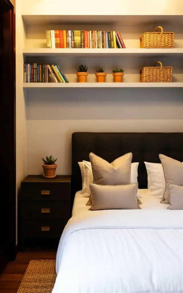 A king-sized bed with a dark gray upholstered headboard sits against a light gray painted wall. The bed is covered with a white linen duvet, three large square pillows in a light beige fabric, and two smaller lumbar pillows with a subtle woven texture. Above the headboard, three floating shelves hold a collection of hardcover books with colorful spines, three small terracotta pots containing succulents, and two woven seagrass baskets. A dark wood dresser with brass drawer pulls stands to the left of the bed, and a woven rug with a geometric pattern covers the hardwood floor.