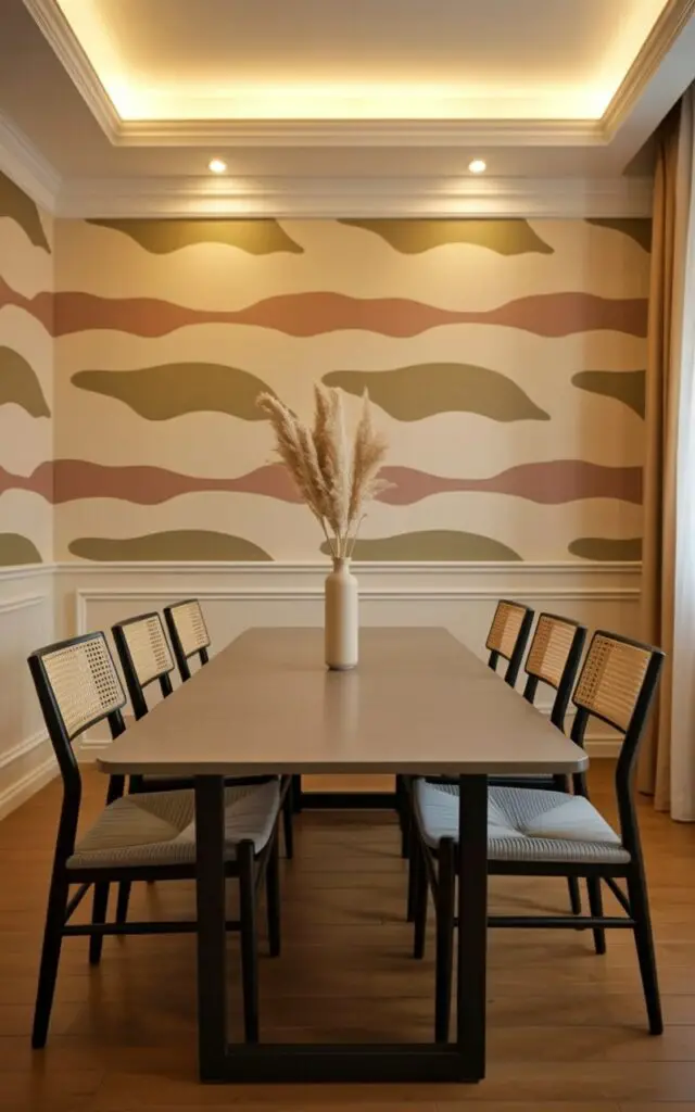 This image showcases a modern dining room styled with dining room wallpaper featuring fluid abstract shapes in muted earth tones. The room reads as a very well decorate dining room that feels artistic yet controlled. An empty dining table and dining chairs with sleek, contemporary lines sit centrally, reinforcing a minimalist approach. The abstract wallpaper resembles hand-painted art, creating movement and emotion on the walls while the uncluttered furniture prevents visual overload. Soft, diffused lighting enhances the layered colors, resulting in a sophisticated and gallery-like dining environment.