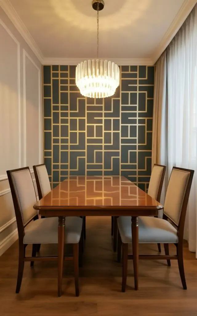 The image highlights a refined dining room where dining room wallpaper is applied to a single feature wall as a bold accent. The space remains a very well decorate dining room due to its balanced composition. An empty dining table and dining chairs with clean lines are positioned to face the accent wall, reinforcing a minimalist approach. The patterned wallpaper draws attention without overpowering the room, while the surrounding neutral walls provide breathing space. The result is a focused, stylish, and adaptable dining room design.