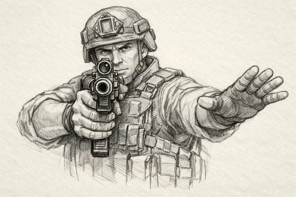 A plain paper background pencil drawing illustration of a soldier extending one arm outward while aiming a firearm directly ahead. The soldier is drawn in a simplistic style, with the hand carefully detailed to show individual fingers wrapped firmly around the grip. The perspective slightly enlarges the hand and weapon, creating depth. The shoulders are squared, and the stance appears steady. Light shading around the wrist and forearm adds subtle dimension. The facial expression is serious, with focused eyes and a tight jawline.