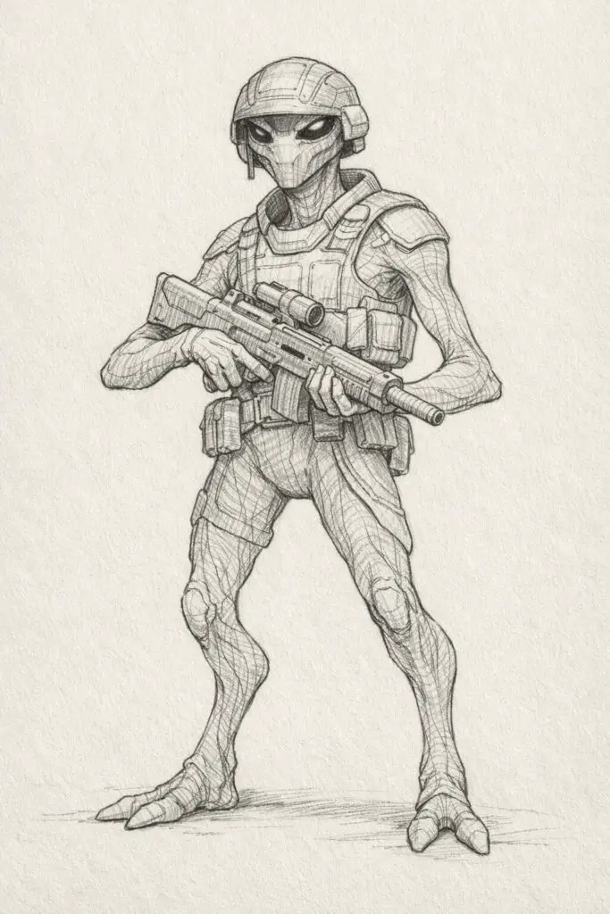 A plain paper background pencil drawing illustration of a soldier imagined as an alien with elongated limbs, unusual joint structure, and textured skin. The soldier is drawn in a simplistic style, with smooth yet defined contours outlining the body and high-tech armor details. Eyes are large and intense, partially visible under a sleek helmet. Light pencil strokes create patterns or ridges on the skin and uniform. The posture is upright and assertive, emphasizing strength. The plain background maintains focus on the unique and imaginative design of the alien soldier.