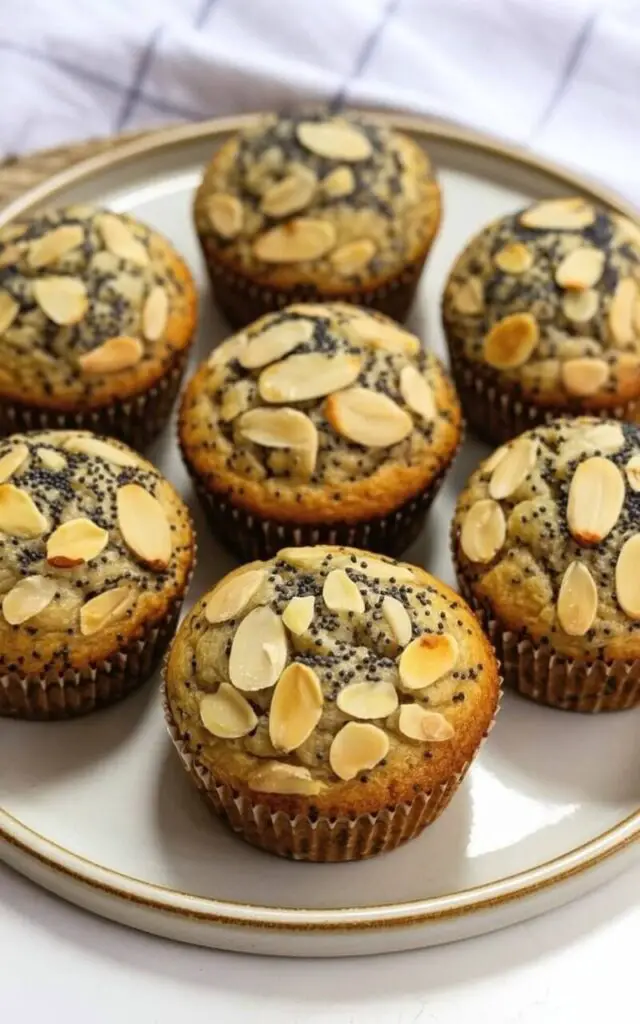 Six almond poppy seed muffins sit on a circular white ceramic plate with a smooth, unglazed surface. Each muffin has a pale golden top evenly covered in small black poppy seeds, and thin, lightly toasted sliced almonds are arranged across the surface. The muffins are positioned symmetrically on the plate, with a slight gap between each one. The plate rests on a bright white kitchen countertop with a subtle sheen, and a dishtowel with a simple woven pattern is partially visible in the background.