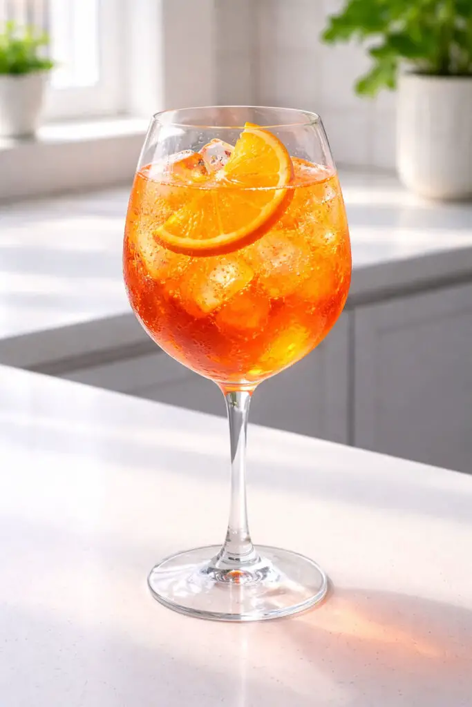 A large balloon-style wine glass holding an Aperol spritz cocktail, natural light highlighting its brilliant orange hue, placed on a bright plain white kitchen countertop. The drink is filled with ice cubes that magnify the vibrant color. Thin orange slices float prominently near the surface. Fine bubbles rise continuously from the prosecco base. The curved glass creates soft reflections, while visible condensation beads dot the exterior. The white countertop enhances the drink’s vivid orange tone, creating a striking visual contrast.