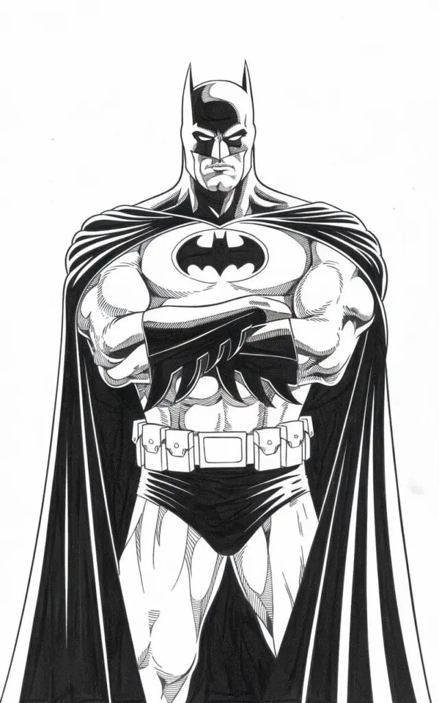 A pencil drawing of Batman standing with arms crossed, drawn on a plain white background. Batman is wearing his iconic suit, with the bat emblem clearly visible on his chest. The drawing has a simplistic style, with a focus on the strong lines and posture of the character. The background is plain white.
