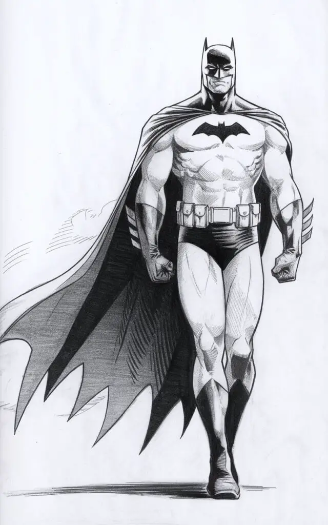 A pencil drawing illustration of Batman walking calmly with one foot stepping ahead of the other. He is composed and confident, with an upright and controlled posture. His cape trails slightly behind him and is sketched with gentle motion lines. His arms rest naturally at his sides, and the utility belt is lightly detailed. His eyes face forward with quiet determination. The background is plain white.