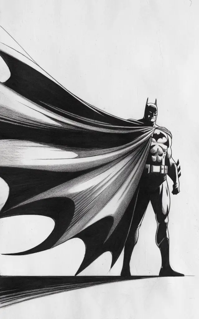A dynamic yet controlled, plain white background pencil drawing illustration of Batman standing firmly as his cape flows to one side. The cape's movement is shown with long, sweeping pencil strokes, creating a sense of gentle wind. Batman's stance remains solid and balanced, feet planted apart. His chest and shoulders are clearly defined with clean lines. The entire piece is drawn in a simplistic style, letting the cape provide motion and drama.