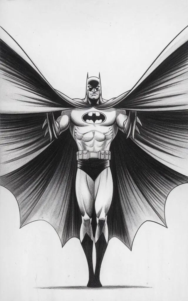 A pencil drawing illustration of Batman on a plain white background. Batman is standing upright, holding his cape open with both hands. The cape spreads outward like wings, forming a wide, symmetrical shape with smooth, flowing lines. Subtle shading emphasizes the thickness and fabric texture of the cape. Batman's chest and bat emblem are clearly visible, drawn with clean, confident strokes. His legs are muscular. His expression is serious and composed, framed by the cowl. The image is drawn in a simplistic style, highlighting shape and presence.