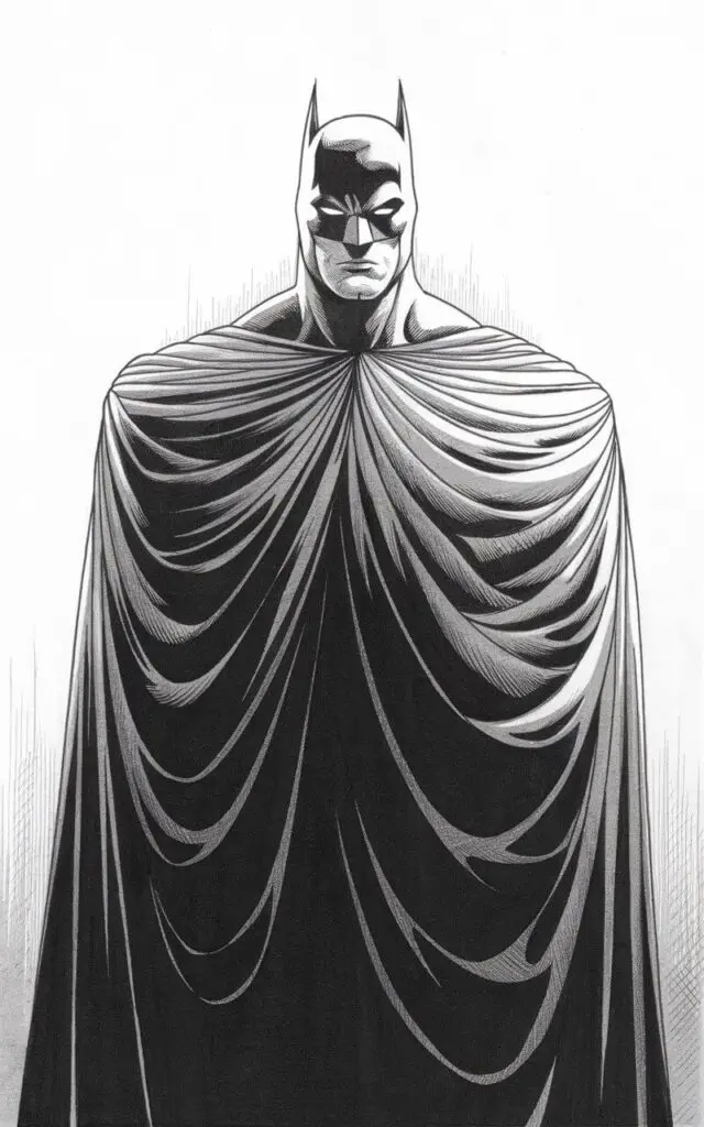 A pencil drawing of Batman with a plain white background. Batman stands still, with his cape wrapped closely around his body. The cape forms layered folds across the chest and shoulders, drawn with smooth, overlapping lines. Only parts of the suit are visible, adding mystery to the figure. Batman's head is held high, and the eyes beneath the cowl appear focused and steady. Light shading enhances the depth of the fabric. The entire image is drawn in a simplistic style, emphasizing shape and silhouette.
