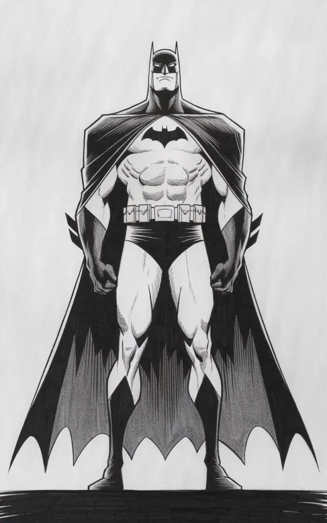 A pencil drawing illustration of Batman standing tall and confident on a plain white background. Batman's shoulders are pulled back, and his chest is lifted, projecting strength and authority. His legs appear muscular. His expression is calm and unshaken, eyes forward beneath the cowl. Drawn in a simplistic style, the illustration captures Batman's iconic presence through strong posture alone. The cape reaches his shoes.