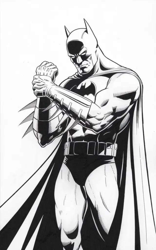 A plain white background pencil drawing illustration of Batman adjusting his gauntlet with deliberate precision. One hand grips the forearm of the opposite arm, with simple line details indicating the gauntlet segments. His torso is slightly angled, adding visual interest without complexity. The legs are muscular. The cape falls behind him in gentle folds. His eyes appear intent and concentrated beneath the cowl. The entire illustration is drawn in a simplistic style, highlighting preparation and detail.