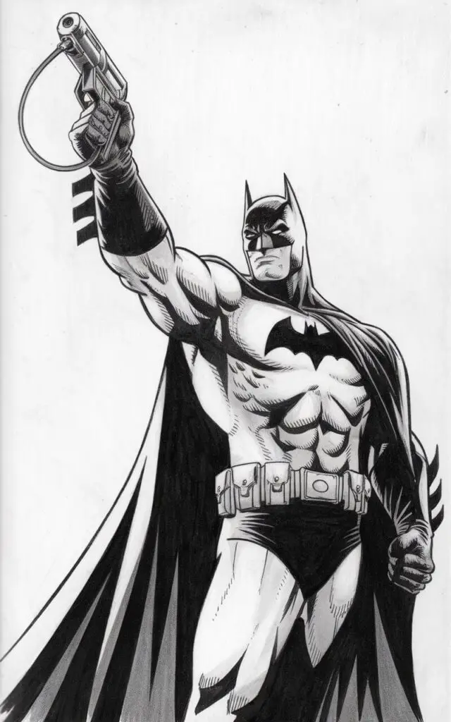 A pencil drawing of Batman standing confidently and pointing a grapple gun upward. The drawing has a plain white background. The illustration is done in a simplistic style, with the focus on the gadget and pose.
