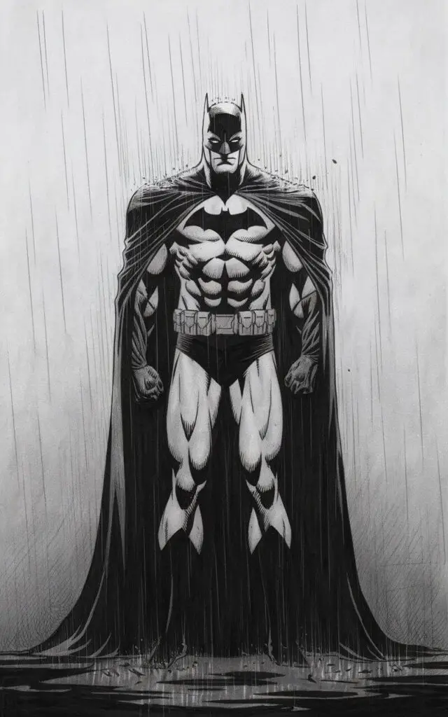 A moody, plain white background pencil drawing illustration of Batman standing still as rain falls around him. Thin, straight pencil lines represent rainfall, passing over the cowl and cape. His posture is strong and unmoving, eyes forward and unwavering. His legs appear muscular. The scene is drawn in a simplistic style, using minimal elements to create atmosphere and emotion.