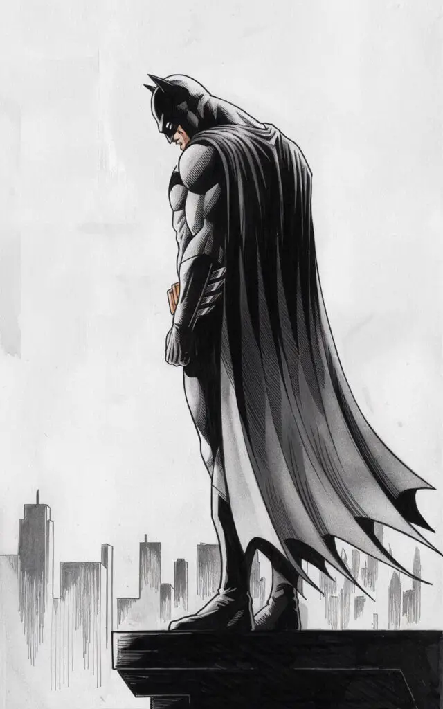 A plain white background pencil drawing illustration of Batman standing on a ledge while looking downward at the city. His head tilts slightly forward, directing attention below. The body remains upright and steady, conveying control and authority. The cape falls straight down behind him, with minimal folds for clarity. Light shading under the cowl enhances the depth of his focused expression. The image is drawn in a simplistic style, emphasizing perspective through posture.