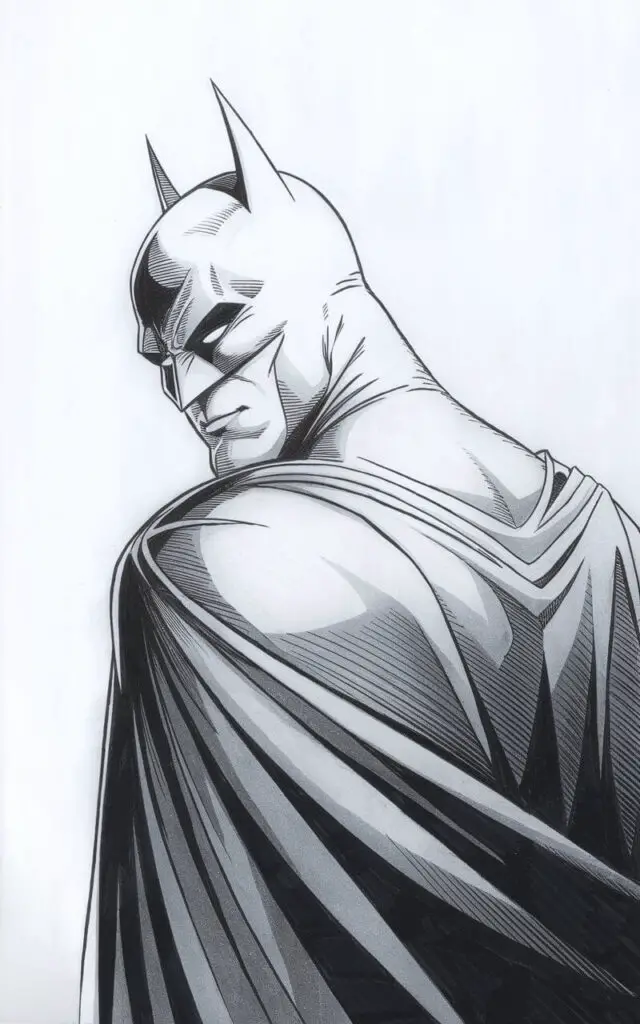 A plain white background pencil drawing illustration of Batman from the torso up, turning his head to glance over his shoulder. The cowl features sharp, clean ear points and smooth contours hugging the head. His eyes are narrowed, conveying alert focus and quiet intensity. The cape folds naturally across his back with soft, layered pencil strokes indicating fabric weight. Light shading defines the neck, jawline, and shoulder armor. The overall drawing is in a simplistic style.