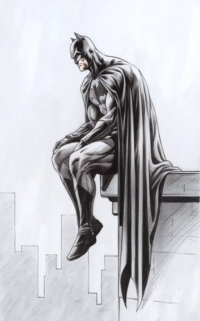 A pencil drawing illustration of Batman seated on the edge of a rooftop. He has one leg bent and the other hanging down. His posture appears relaxed yet alert, with shoulders slightly forward. The cape drapes naturally over the ledge, showing soft folds and weight through light pencil shading. Batman's head is angled outward as if surveying the city below, eyes steady and observant beneath the cowl. The background is calm and plain white, with the focus on the illustration of Batman.