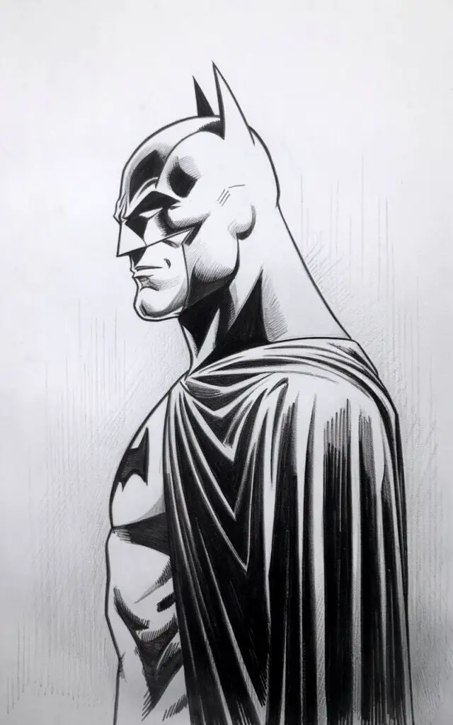 A pencil drawing of Batman in a side profile. He is standing against a clean, plain white background. The strong nose bridge, angular jawline, and firm mouth are clearly defined with confident pencil lines. The cowl fits tightly around the head, with the ear pointing straight upward. Gentle shading under the cheekbone and along the neck adds dimension without clutter. The cape rests calmly behind the shoulder, indicated with smooth, flowing strokes. Drawn in a simplistic style, the profile emphasizes iconic shapes and calm strength rather than heavy detail.