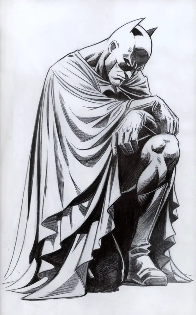 A pencil drawing of Batman kneeling on one knee, with his head slightly lowered. One hand rests on the raised knee, while the other hangs loosely at his side. The cape pools softly around his legs, creating layered folds with light shading. Batman's facial expression suggests concentration and thoughtfulness, conveyed through subtle eye and brow lines. The drawing is done in a simplistic style, focusing on mood through posture.