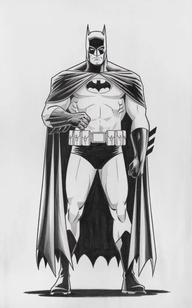 A pencil drawing illustration of Batman standing on a plain white background. Batman has one hand resting on his utility belt. The pose is practical and ready, with squared shoulders and balanced footing. The utility belt is clearly outlined with simple pouch shapes. The cape hangs straight down the back, indicated by smooth vertical lines. Batman's expression remains calm and focused beneath the cowl. The illustration is drawn in a simplistic style, emphasizing preparedness and control.