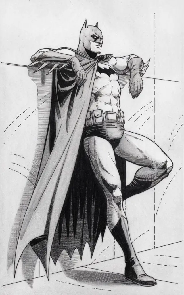 A relaxed yet guarded pencil drawing illustration of Batman leaning against a wall with one shoulder touching the surface. One leg is slightly bent, giving the pose a casual feel. The cape drapes to one side, following gravity with soft, curved lines. Batman's arms rest comfortably, and his expression remains neutral and observant. The drawing is drawn in a simplistic style, capturing urban calm without excessive detail.