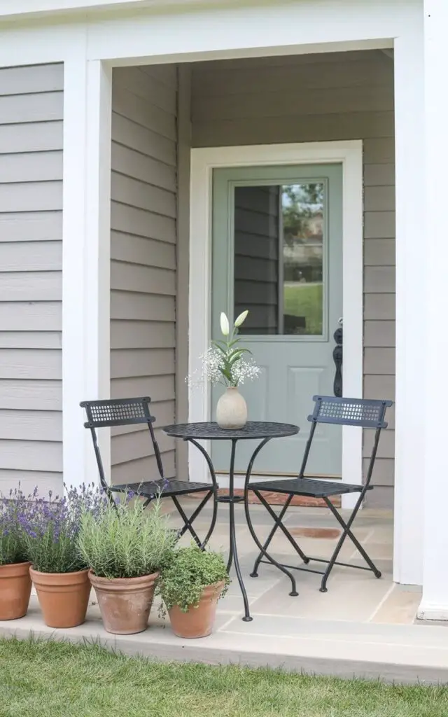 A cozy spring front porch featuring a petite black metal bistro table with two matching chairs placed slightly to one side, maintaining a minimalist and airy layout. The very well decorate front porch includes subtle potted greenery and a small vase of fresh flowers on the table. In the background, a soft sage front door anchors the composition; the door has a keyhole and a handle in matte black, clearly defined and centered. The floor is light stone, and natural daylight enhances the fresh, relaxed ambiance of this intimate outdoor retreat.