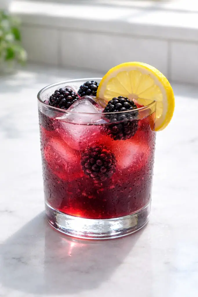 A medium-height rocks glass holding a blackberry bourbon lemonade cocktail, natural light shining from above, placed on a bright plain white kitchen countertop. The liquid is a deep ruby-purple with slight opacity from muddled blackberries. Large ice cubes sit clearly defined inside. Whole blackberries float near the top, and a lemon wheel leans against the rim. Small droplets of condensation cover the glass exterior, creating delicate reflections on the polished white surface.
