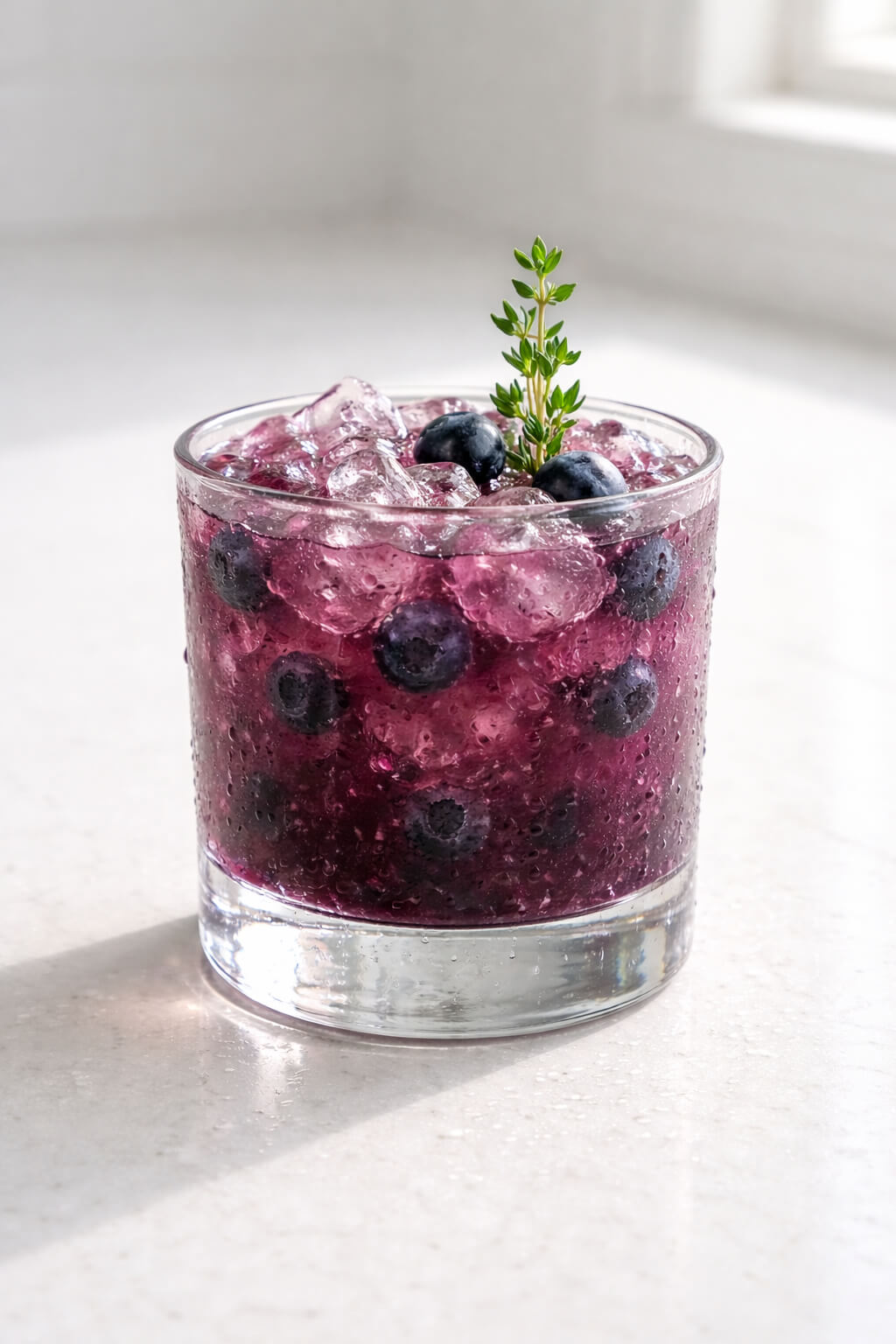 A short, sturdy rocks glass containing a blueberry thyme smash cocktail, natural light entering softly from the left, placed on a bright plain white kitchen countertop. The drink is a deep purplish-blue, slightly opaque from muddled berries. Crushed ice fills the glass, with whole blueberries suspended throughout. A small thyme sprig stands upright, adding texture. Tiny droplets of juice cling to the inside of the glass. The countertop remains spotless and bright, contrasting sharply with the rich color of the drink.