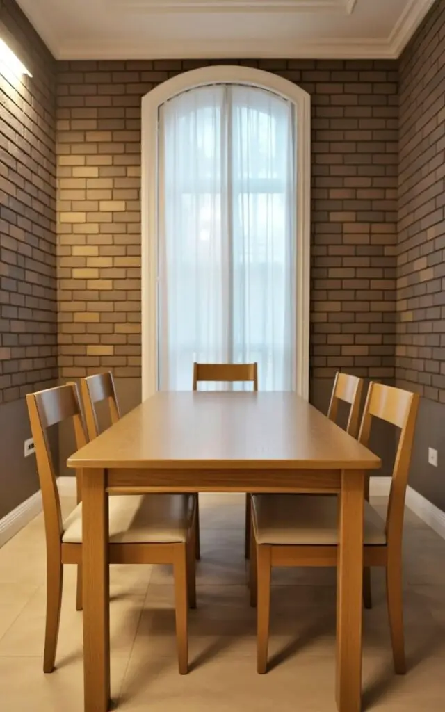 A cozy yet refined dining space is shown with dining room wallpaper designed to mimic aged brick or natural stone. The room feels like a very well decorate dining room that blends rustic character with modern restraint. An empty dining table and dining chairs with simple wooden frames anchor the space, maintaining a minimalist balance. The faux texture adds depth and architectural interest to the walls, while neutral tones and clean furniture lines keep the room from feeling heavy. The overall atmosphere is grounded, warm, and intentionally styled.