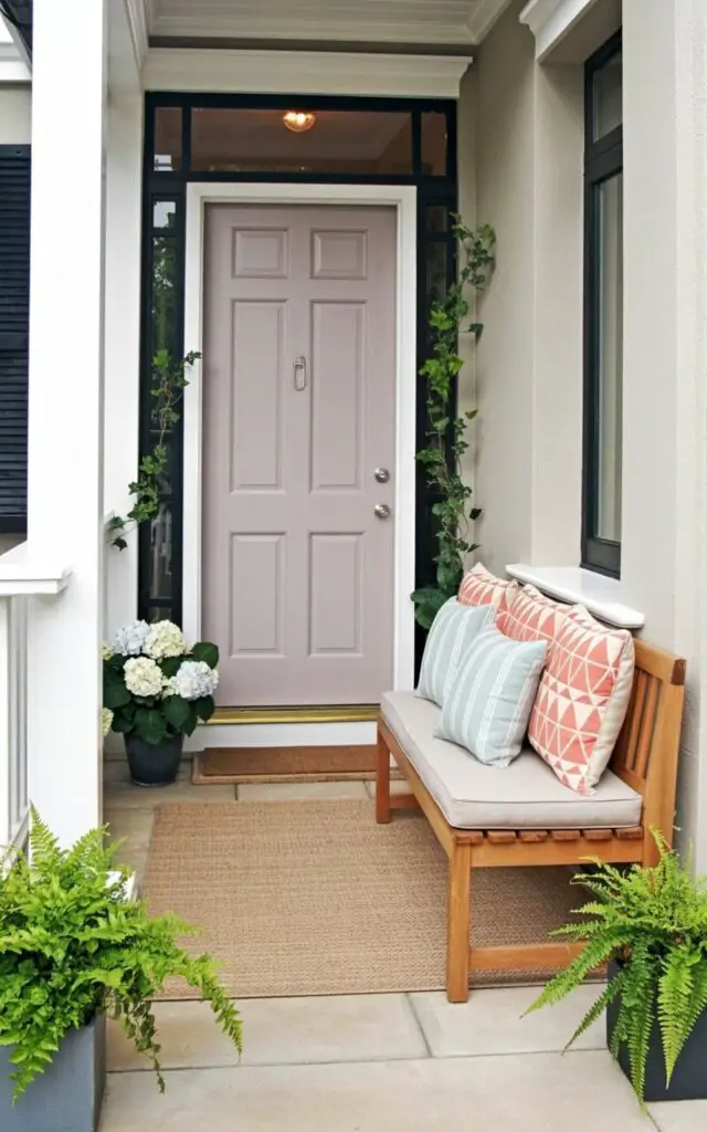A cheerful spring front porch arranged with a slim wooden bench topped with vibrant coral and pale blue patterned cushions. The setting is a very well decorate front porch that embraces a minimalist structure—clean white railings, subtle greenery, and a neutral woven rug beneath. The soft pastel door stands centered in the background; the door has a keyhole and a handle in brushed nickel, clearly visible and detailed. Fresh flowers in understated planters frame the entryway. The lighting is warm and natural, highlighting textures without cluttering the scene. Th seating is on the right