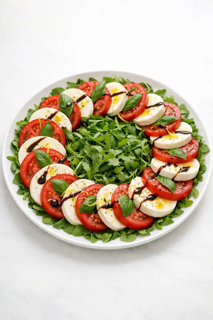 A large round white platter displaying a vibrant Caprese salad arranged over a light bed of baby arugula. Thick slices of ripe red tomatoes alternate with creamy white mozzarella rounds, slightly overlapped in a circular pattern. Bright green basil leaves are tucked between each slice, while delicate strands of lemon zest are lightly scattered across the top. A glossy drizzle of golden olive oil and thin ribbons of dark balsamic glaze shimmer across the salad. The scene is illuminated by soft natural light, and the platter is placed on a bright plain white kitchen countertop, creating a clean, fresh spring aesthetic.