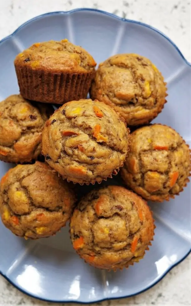 Six carrot cake muffins with golden-brown, textured tops and visible orange carrot shreds baked into the surface sit on a glossy white plate with a wide, gently curved rim. Small, dark flecks of cinnamon, nutmeg, and cloves are visible scattered throughout the muffin batter. The crumb along the edges appears moist and tender, exhibiting a light orange hue. The plate rests on a bright, clean white kitchen countertop with a subtle matte finish, and diffused sunlight illuminates the scene from above.