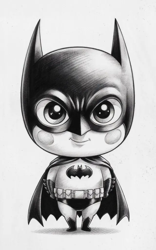 A charming, plain white background pencil drawing illustration of Batman in a chibi form with an oversized head and a small, compact body. The eyes are large and rounded, giving a cute, friendly expression beneath the simplified cowl. The bat ears are shorter and slightly rounded, matching the playful proportions. The cape falls straight down with minimal folds, and the bat symbol on the chest is simplified and bold. Light pencil strokes add soft shading to the cheeks and costume.