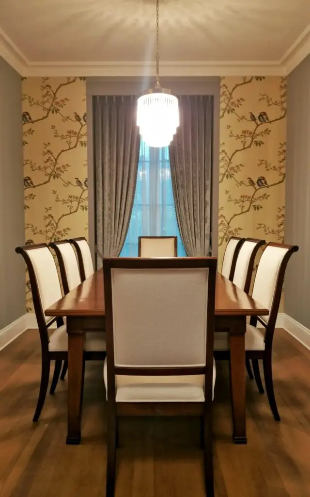 A refined dining room is adorned with dining room wallpaper featuring intricate chinoiserie motifs of birds, florals, and delicate branches. The space appears as a very well decorate dining room where cultural elegance meets thoughtful restraint. An empty dining table and dining chairs with classic silhouettes sit quietly in the center, supporting a minimalist layout. The wallpaper’s detailed illustrations become the focal point, while neutral furniture and soft lighting prevent visual clutter. The room feels graceful, curated, and timeless.