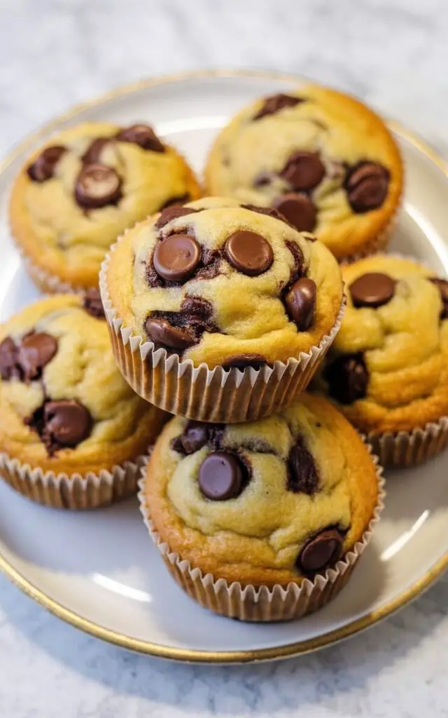 Five chocolate chip muffins with slightly rounded tops sit on a white ceramic plate with a gently curved rim. Each muffin displays melted chocolate chips of varying sizes scattered across the surface, with some exhibiting a shiny, moist appearance. The muffins' paper liners create a visible textured edge where they meet the baked surface, revealing a light, airy crumb. The plate rests on a bright, unpatterned white kitchen countertop with a subtle sheen, reflecting ambient light.