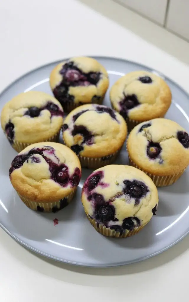 Six classic blueberry muffins with tall, golden-brown domed tops sit evenly spaced on a simple white ceramic plate with a smooth, glossy finish. Each muffin is visibly studded with deep purple blueberries that have burst slightly during baking, releasing their juices onto the plate. Soft crumbs and scattered blueberry juices are visible around the muffin bases, suggesting they were freshly baked. The plate rests on a bright, plain white kitchen countertop, completely uncluttered and bathed in natural light coming from the left, creating gentle shadows and highlighting the muffin textures.
