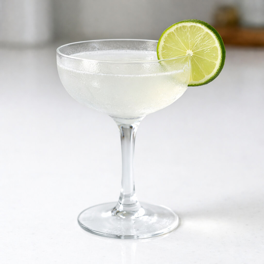 A chilled coupe glass filled with a classic daiquiri cocktail, natural light gently highlighting its clarity, placed on a bright plain white kitchen countertop. The liquid is nearly transparent with a faint cloudy tint from fresh lime juice. The surface is smooth and glossy, without ice. A thin lime wheel rests precisely on the rim. The glass bowl shows a subtle frosty texture from chilling, and the bright white countertop emphasizes the drink’s clean, minimalist presentation.
