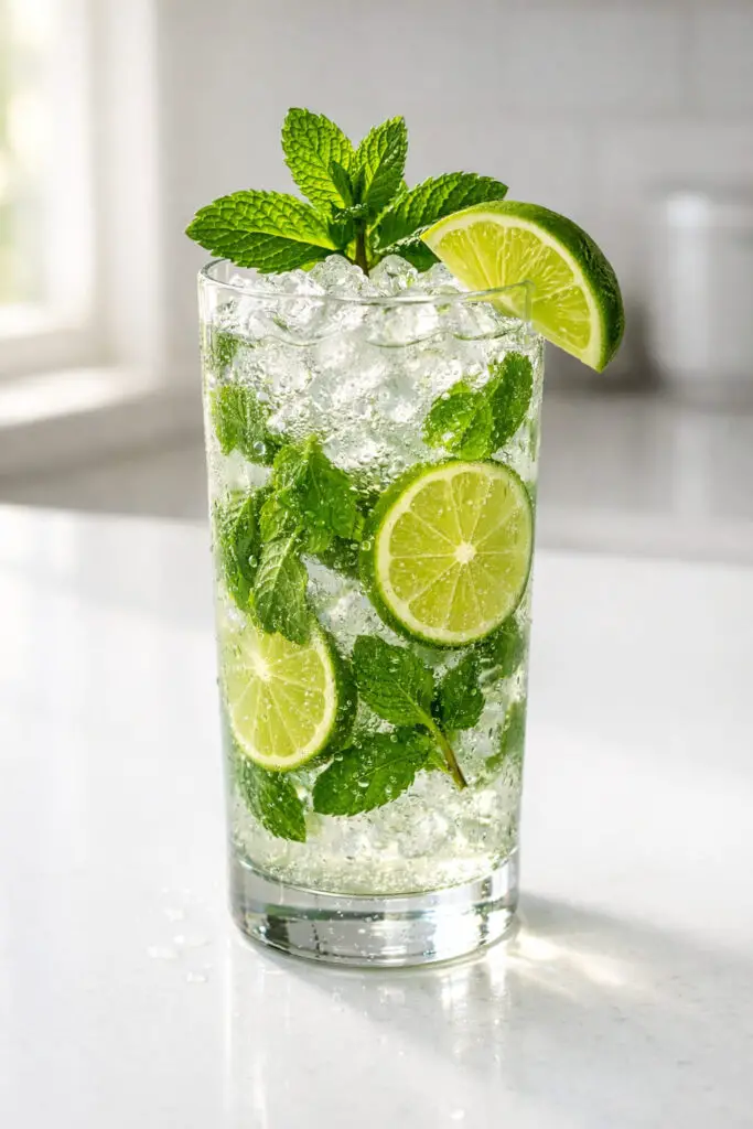 A tall, crystal-clear highball glass filled with a freshly made mojito cocktail, natural light streaming softly from the left side, placed on a bright plain white kitchen countertop. The glass is packed with crushed ice, vibrant green mint leaves pressed gently against the inner glass walls, and thin lime wheels visible throughout. Tiny bubbles from the soda water cling to the ice. A fresh mint sprig stands upright as garnish, alongside a lime wedge on the rim. Light condensation beads form on the outside of the glass, casting delicate reflections onto the smooth white surface below.