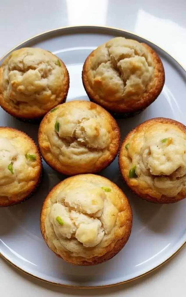 Five coconut lime muffins sit evenly spaced on a circular white porcelain plate with a subtle raised rim. Each muffin has a lightly domed top with a pale golden color, showcasing fine shreds of coconut and tiny green flecks of lime zest throughout the crumb. The muffins exhibit a soft, airy texture with slightly crisp edges where they meet the plate. The plate rests on a bright, clean white kitchen countertop with a seamless, flat surface, reflecting soft light from a nearby window.