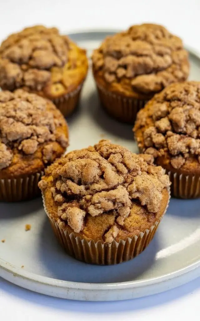 Five coffee cake muffins sit in a loose circle on a smooth, round white ceramic plate. Each muffin has a generously domed top generously covered in a thick cinnamon streusel crumb topping, displaying visible cinnamon flecks and small sugar crystals. The streusel appears sandy and buttery with a slightly uneven texture. The plate rests on a bright, clean white kitchen countertop with no visible clutter, emphasizing the muffins as the sole focus of the scene.