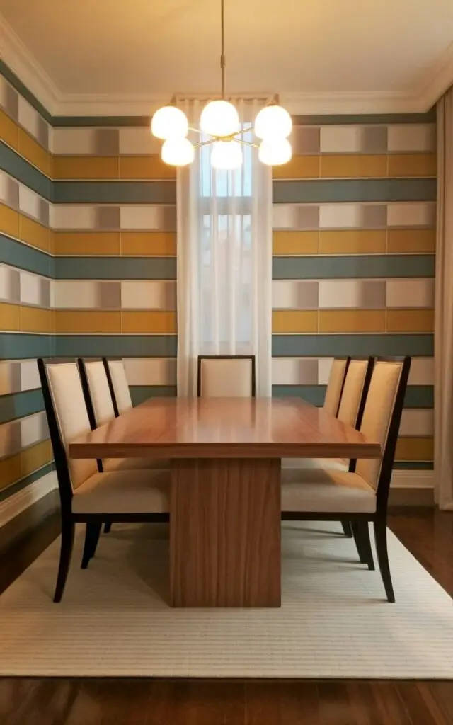 The image shows a modern dining space featuring dining room wallpaper designed with bold yet balanced color-blocked sections in complementary tones. The room appears as a very well decorate dining room where visual structure and creativity meet harmony. An empty dining table and dining chairs with smooth, simple silhouettes sit centered, reinforcing a minimalist layout. The color blocks are clean and intentional, adding architectural interest to the walls without overwhelming the room. Soft ambient lighting enhances the contrast between colors, resulting in a confident, contemporary, and thoughtfully composed dining environment.