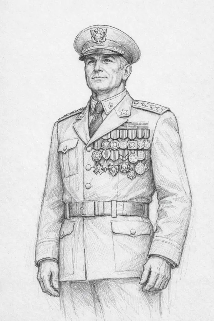 A plain paper background pencil drawing illustration of a soldier depicted as a military general with medals across the chest. The soldier is drawn in a simplistic style, standing tall with straight posture and chin slightly raised. The facial expression is confident and composed, with faint lines around the eyes suggesting experience. Subtle shading outlines the uniform details, including ribbons and collar edges. Hands are relaxed at the sides. The drawing emphasizes authority and presence while maintaining a minimal and clean background.