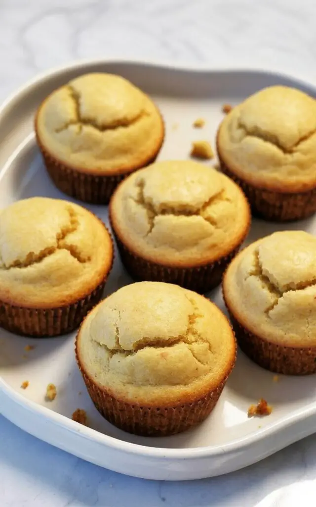 Six cornbread muffins sit evenly spaced on a white ceramic plate with a slightly raised, rounded lip. Each muffin has a smooth, lightly domed top with a pale golden-yellow color and faint, irregular cracks near the edges, revealing a fine cornmeal texture along the sides. Small crumbs of cornbread are scattered around the base of the muffins on the plate. The plate rests on a bright, plain white kitchen countertop with a subtle sheen, extending into the background with no visible seams or features.
