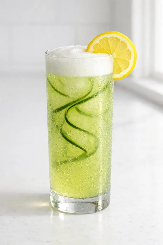 A tall, slender Collins glass containing a cucumber gin fizz cocktail, natural light shining from the right side, placed on a bright plain white kitchen countertop. The drink is pale green and slightly translucent, topped with a soft layer of white foam from shaken egg white. Thin cucumber ribbons curl inside the glass, visible through the liquid. Tiny carbonation bubbles rise steadily from the bottom. A thin lemon wheel rests on the rim, and condensation evenly coats the glass exterior.