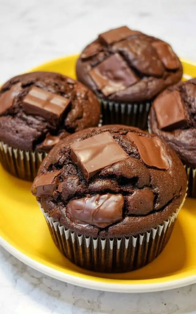 Four double chocolate muffins with dark cocoa-colored tops sit closely together on a bright white ceramic plate. Large, irregularly shaped chocolate chunks are embedded throughout each muffin, with some pieces exhibiting a slightly melted and glossy appearance. The crumb near the base of the muffins appears dense and moist, with visible air pockets. The plate rests on a bright, plain white kitchen countertop with a subtle textured surface, providing a strong contrast to the dark muffins.