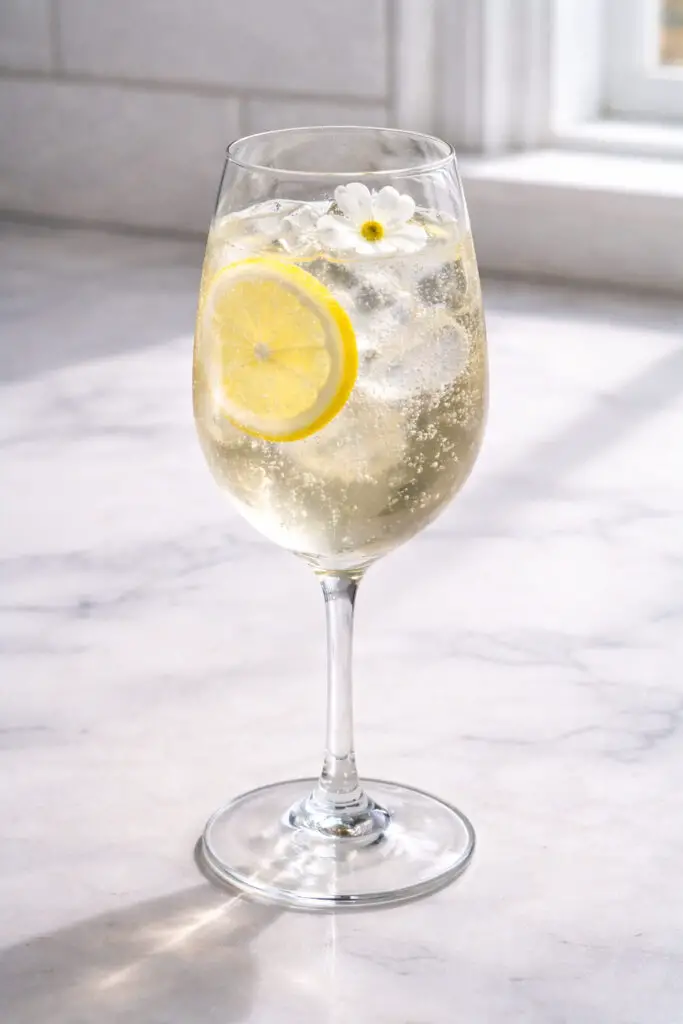 A tall stemmed wine glass containing an elderflower gin spritz cocktail, natural light cascading softly from the left, placed on a bright plain white kitchen countertop. The drink is pale straw-colored and crystal clear. Multiple ice cubes float inside, refracting the light. A thin lemon wheel is submerged halfway, and a small white edible flower rests on the surface. Steady streams of tiny bubbles rise from the bottom. The glass stem casts a slender shadow on the smooth white countertop.