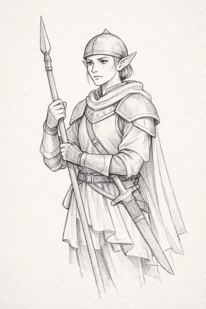 A plain paper background pencil drawing illustration of a soldier depicted as an elf with pointed ears and elegant features. The soldier is drawn in a simplistic style, with slender limbs, lightly detailed armor, and a flowing tunic. Eyes are sharp and focused, conveying wisdom and vigilance. Hair is tied back or tucked neatly under a simple helmet. Subtle shading around the cheekbones, neck, and uniform folds adds depth. The overall composition is clean and minimal, emphasizing the graceful and alert nature of the elf soldier.