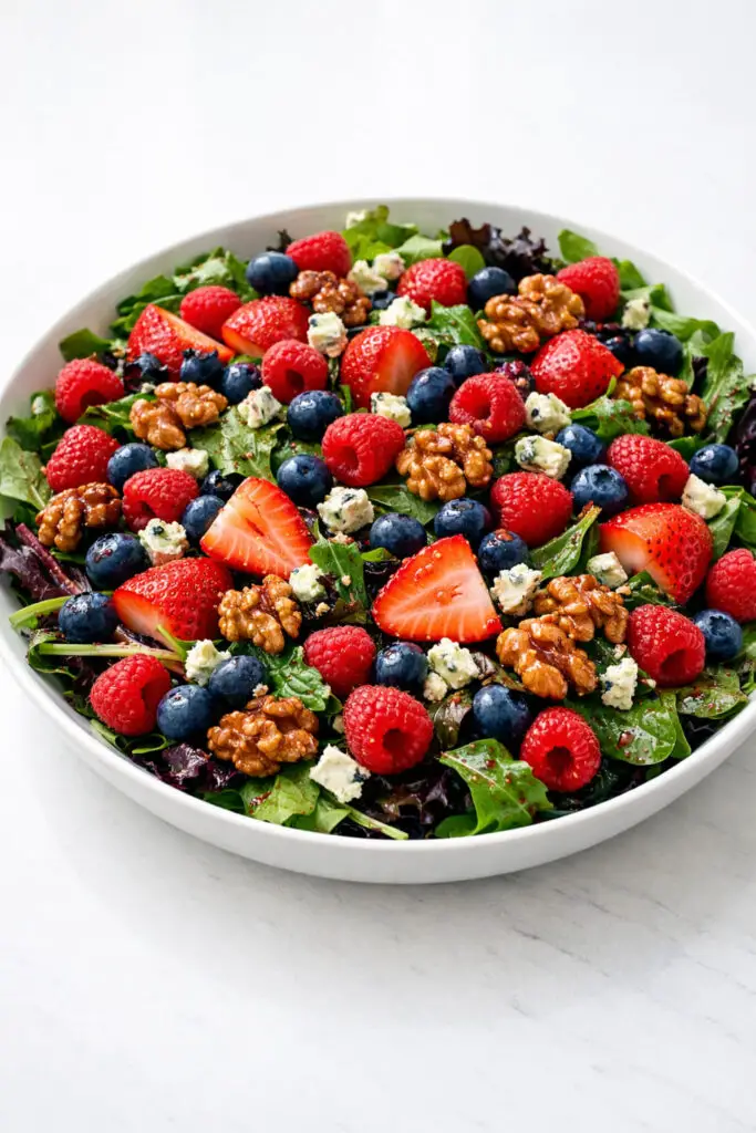 A medium-sized matte white bowl containing a hearty farro salad mixed with roasted vegetables such as caramelized zucchini slices, roasted carrot coins, and diced red bell peppers. The grains appear fluffy yet chewy, lightly coated in vinaigrette. Fresh chopped parsley is sprinkled across the top for a pop of green. The salad has a rustic yet polished appearance under bright natural light, and the bowl is placed on a bright plain white kitchen countertop, highlighting the warm earthy tones of the ingredients.