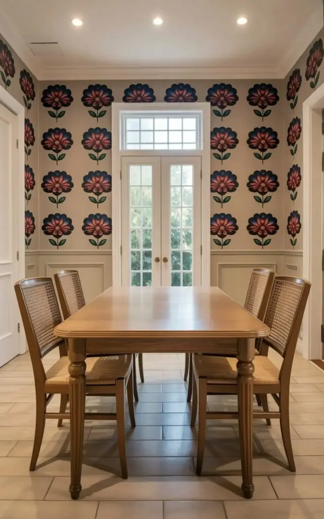 An empty dining table with a light-toned wood finish and four matching chairs sit centered within a rectangular room. The chairs each have a woven seat and a gently curved backrest, positioned equidistant from each other around the table. Walls are entirely covered in a repeating pattern of oversized floral designs featuring deep burgundy, emerald green, and sapphire blue petals against a cream-colored background. A brushed metal door handle is visible on a nearby doorframe, and a tall window lets in soft, diffused daylight that highlights the texture of the wallpaper.