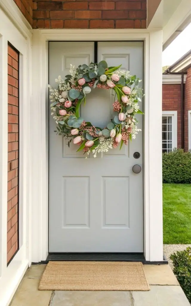 This spring front porch scene highlights a close-up of a floral wreath hanging perfectly centered on a pale blue door. The wreath is composed of delicate wildflowers, tulips, soft eucalyptus leaves, and subtle blush accents, arranged in a clean, minimalist circular frame. The porch is a very well decorate front porch with subtle layered textures—light stone flooring, and a neutral woven rug beneath. The door has a keyhole and a handle in matte black, both clearly visible and sharply detailed against the pastel surface. Gentle natural lighting enhances the softness of the florals while maintaining a crisp, polished aesthetic.