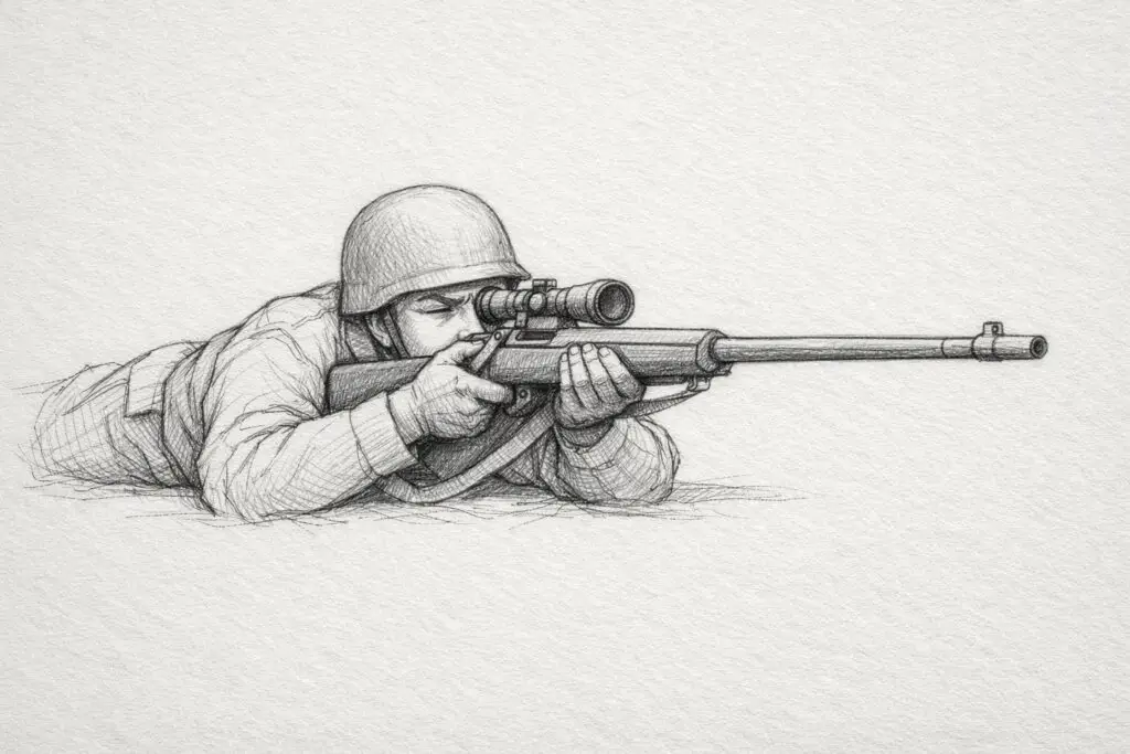A plain paper background pencil drawing illustration of a soldier positioned low to the ground, carefully aiming a long rifle. The soldier is drawn in a simplistic style, with the body stretched horizontally and elbows supporting weight. The rifle barrel extends forward in straight, deliberate lines. One eye is closed while the other peers through the scope, highlighted by subtle shading around the eye socket. The helmet sits snugly, and faint texture lines suggest fabric on the sleeves. The overall composition remains minimal, emphasizing precision and calm intensity.