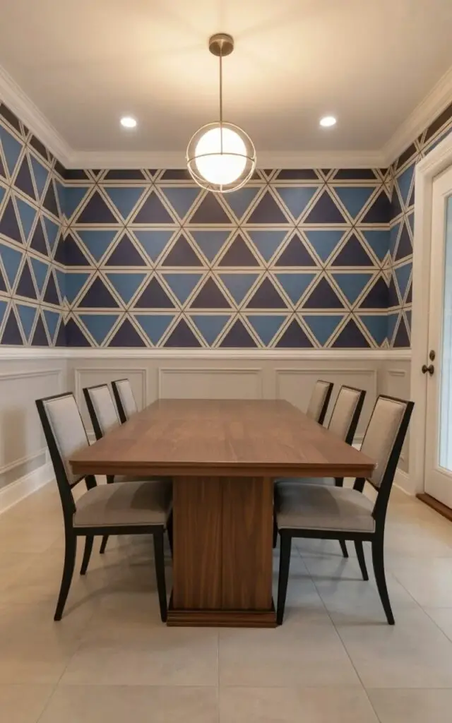 The wallpaper features a repeating pattern of equilateral triangles arranged in alternating shades of navy blue and sky blue. The triangles interlock to form a geometric grid that covers all four walls of the dining room. A rectangular dining table made of dark walnut wood sits centered in the room, surrounded by six chairs upholstered in a light gray fabric with thin black legs. A single, spherical light fixture with a brushed steel finish hangs directly above the table, and a door with a brushed steel door handle is visible on the right side of the frame.